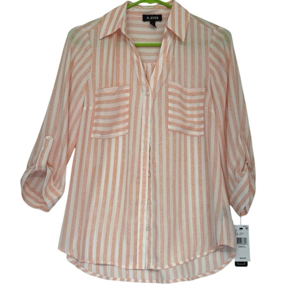 A Byer White & Peach Stripe Blouse Size S NWT roll Tab Sleeve